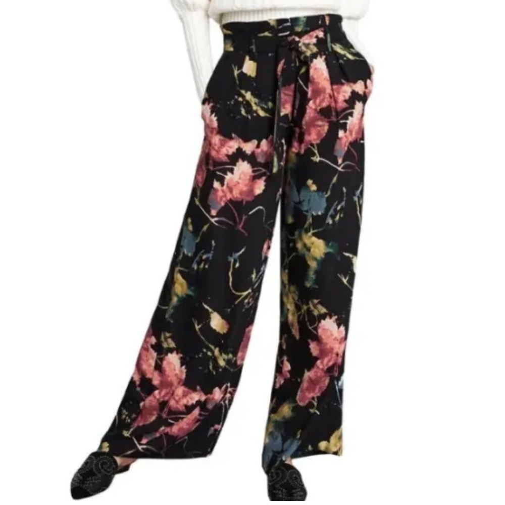 BCBG MAX AZRIA WOMENS FLORAL Paperbag Waist WIDE LEG PALAZZO PANTS Size Large‍﻿﻿